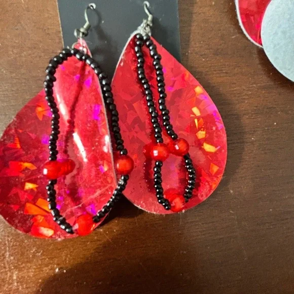 3 sets of faux leather Red Heart and Teardrop Earrings- handmade - Picture 8 of 11